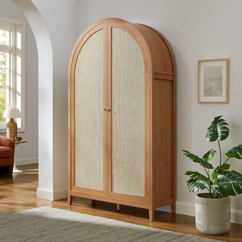Calista 79" Tall Wide Rattan Arched Storage Cabinet