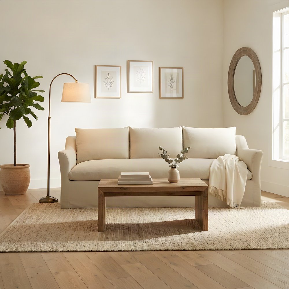 Blend Slipcovered Bench Seat Sofa, Tailored Single-Cushion Couch, Linen