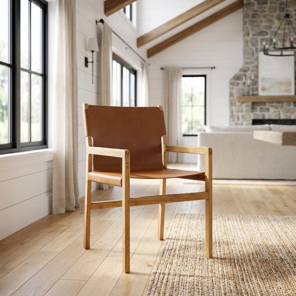 Leather Dining Accent Chair with Armrests, Chestnut Tan