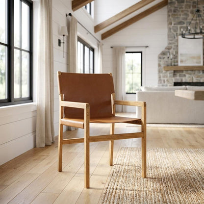 Leather Dining Accent Chair with Armrests, Chestnut Tan