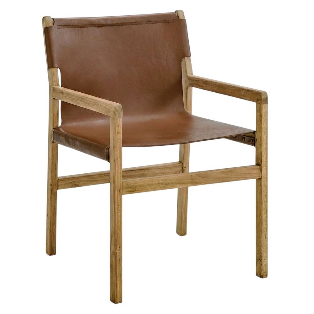 Leather Dining Accent Chair with Armrests, Chestnut Tan