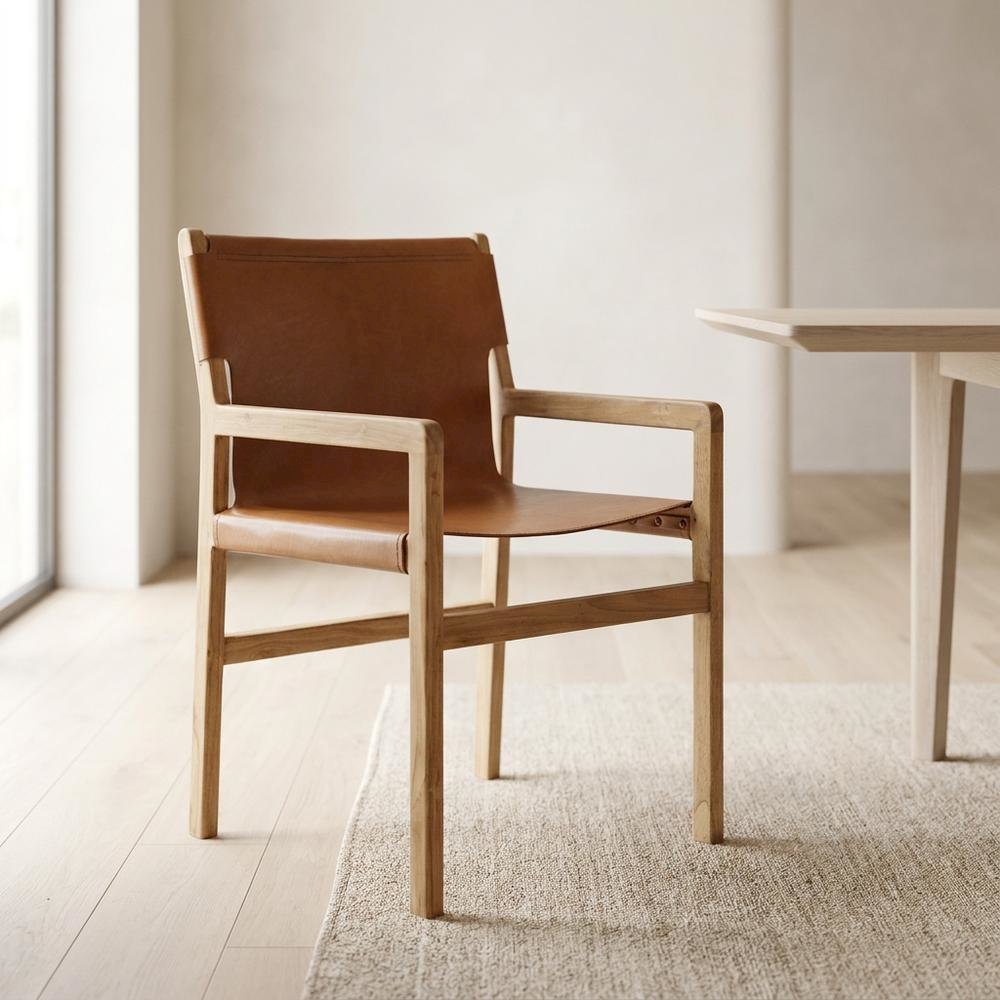 Leather Dining Accent Chair with Armrests, Chestnut Tan