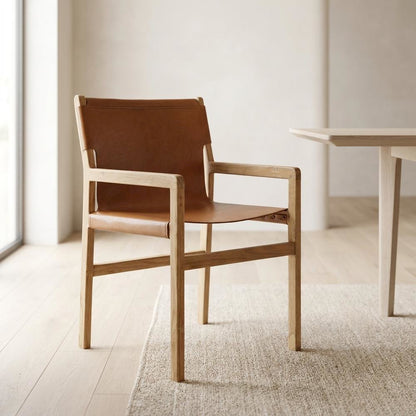 Leather Dining Accent Chair with Armrests, Chestnut Tan