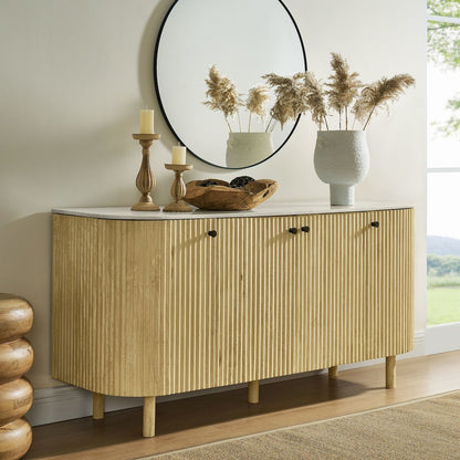 Caldera 60" Curved Solid Wood and Marble Sideboard Storage Cabinet