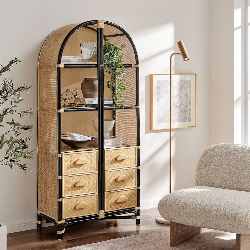 Jane 71 Inch Tall Arched Natural Rattan Bookshelf