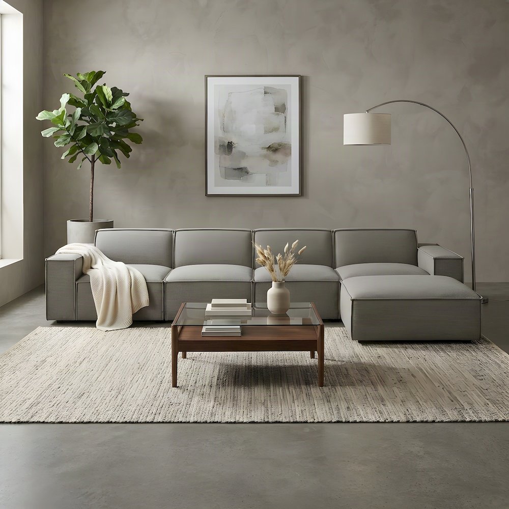 Performance Fabric Modular Sectional Sofa with Ottoman, Set of 4, Pewter