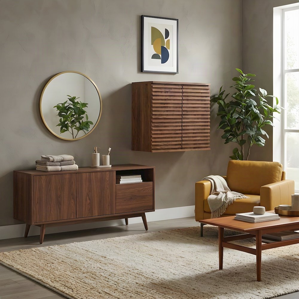 Wall Mounted Bathroom Cabinet with Adjustable Shelf and Doors, Walnut