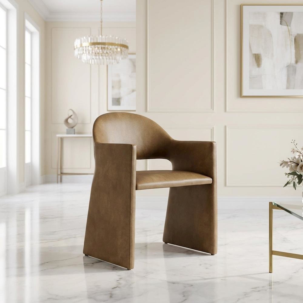 Vegan Leather Dining Armchair with Padded Seat and Arms for Dining Room, Toast