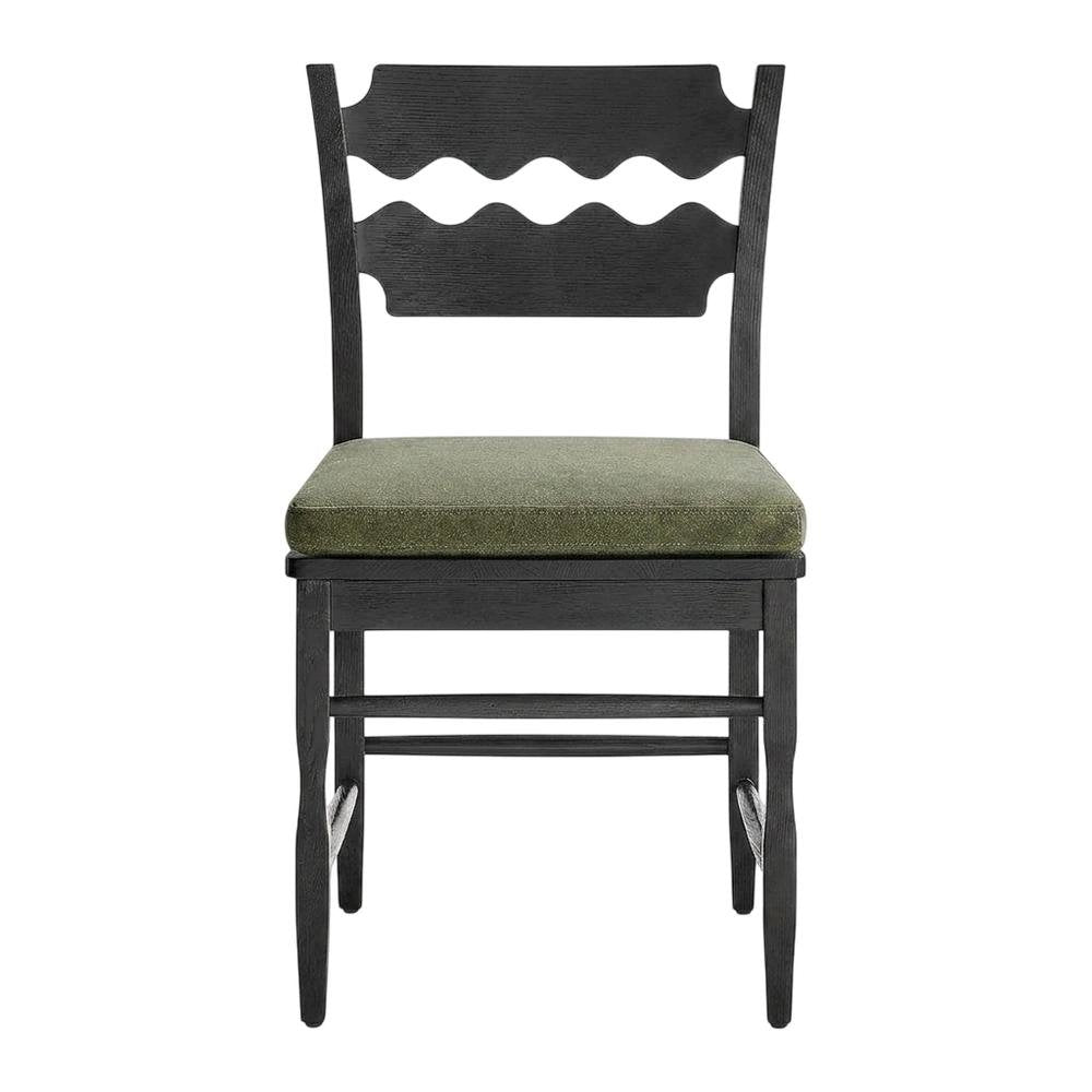 Oak Wood Dining Chair with Wavy Razor Back and Seat Cushion, Black Sage