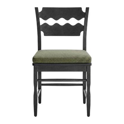 Oak Wood Dining Chair with Wavy Razor Back and Seat Cushion, Black Sage