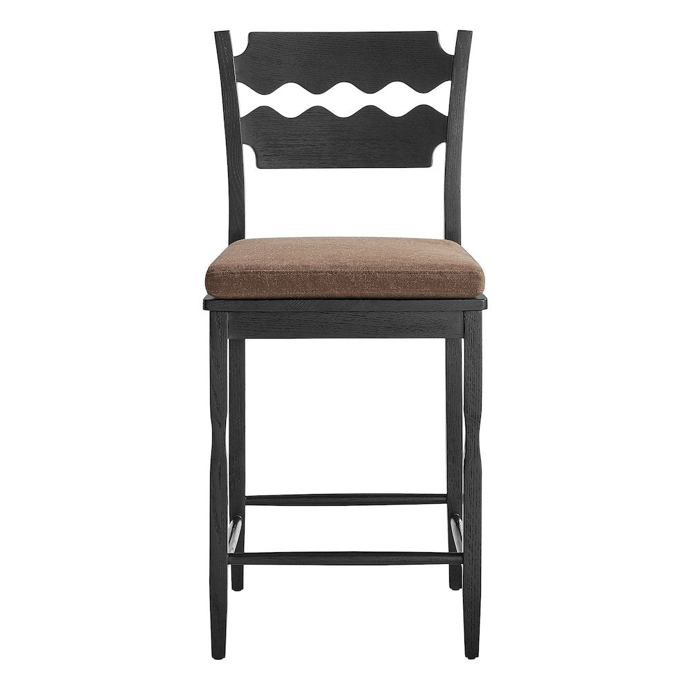 Jax Oak Wood Counter Stool With Wavy Razor Back and Cushion