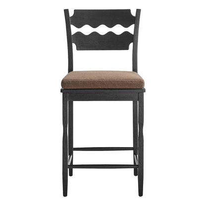 Jax Oak Wood Counter Stool With Wavy Razor Back and Cushion