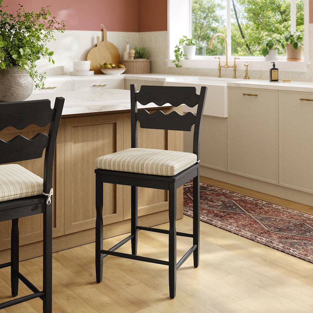 Jax Oak Wood Counter Stool With Wavy Razor Back and Cushion