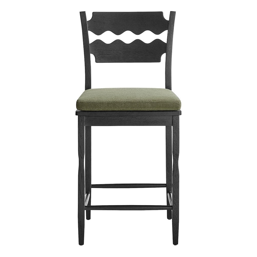 Jax Oak Wood Counter Stool With Wavy Razor Back and Cushion