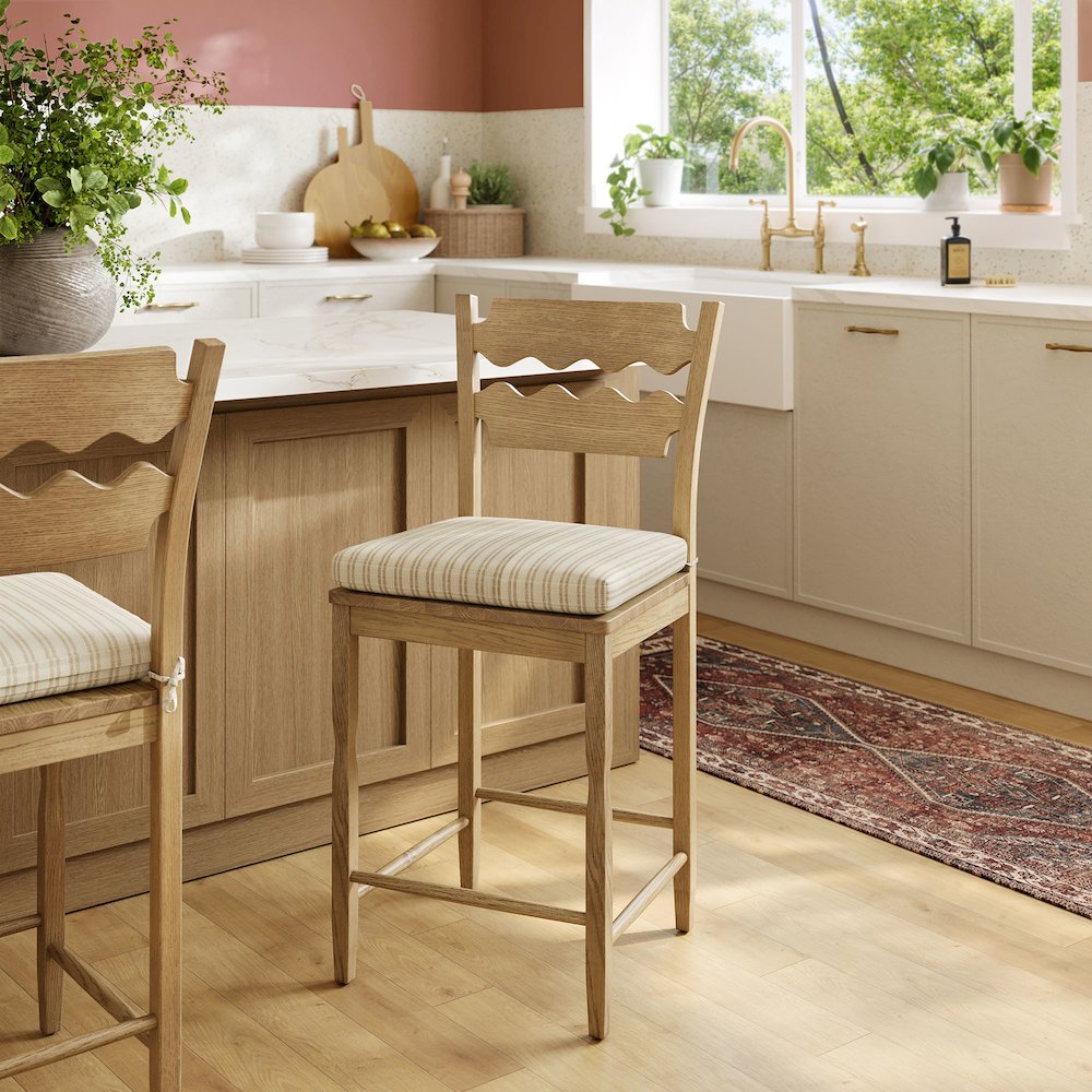 Jax Oak Wood Counter Stool With Wavy Razor Back and Cushion