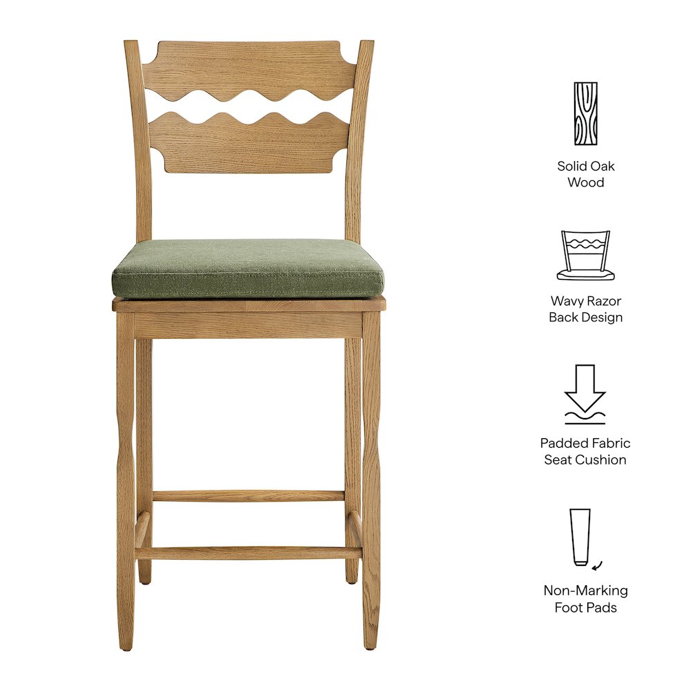 Jax Oak Wood Counter Stool With Wavy Razor Back and Cushion