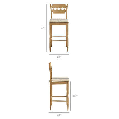Jax Oak Wood Bar Stool With Wavy Razor Back and Cushion