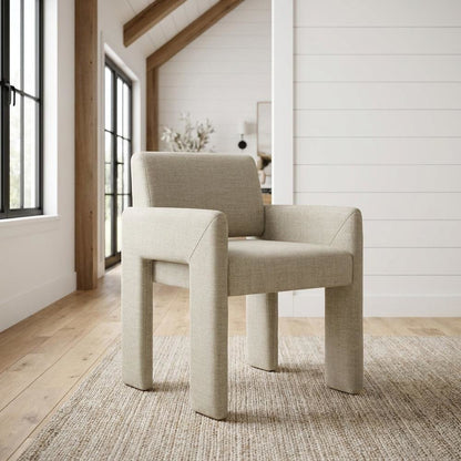 Fabric-Upholstered Dining Chair with Arms and Thick Cushion for Kitchen, Linen