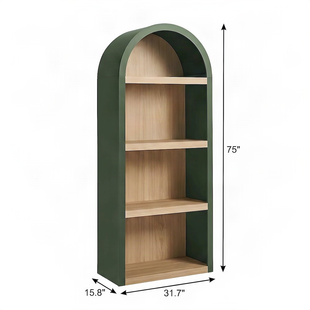 Tall Narrow Arched Wood Bookshelf with Adjustable Shelves, Hunter Green