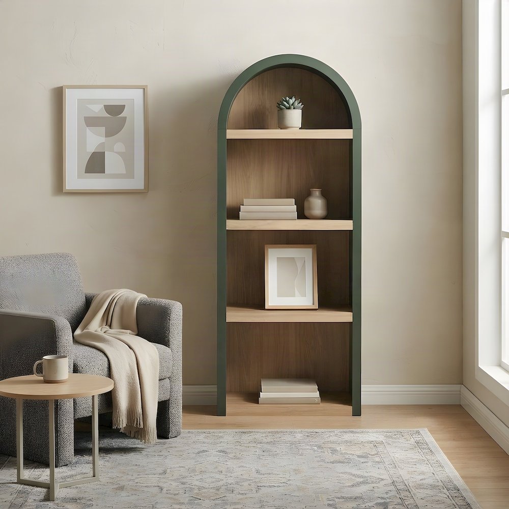 Tall Narrow Arched Wood Bookshelf with Adjustable Shelves, Hunter Green