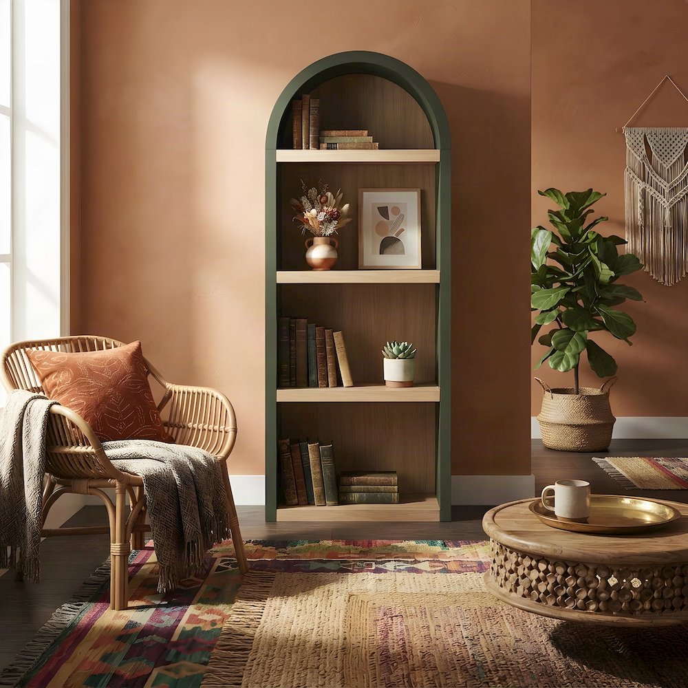Tall Narrow Arched Wood Bookshelf with Adjustable Shelves, Hunter Green