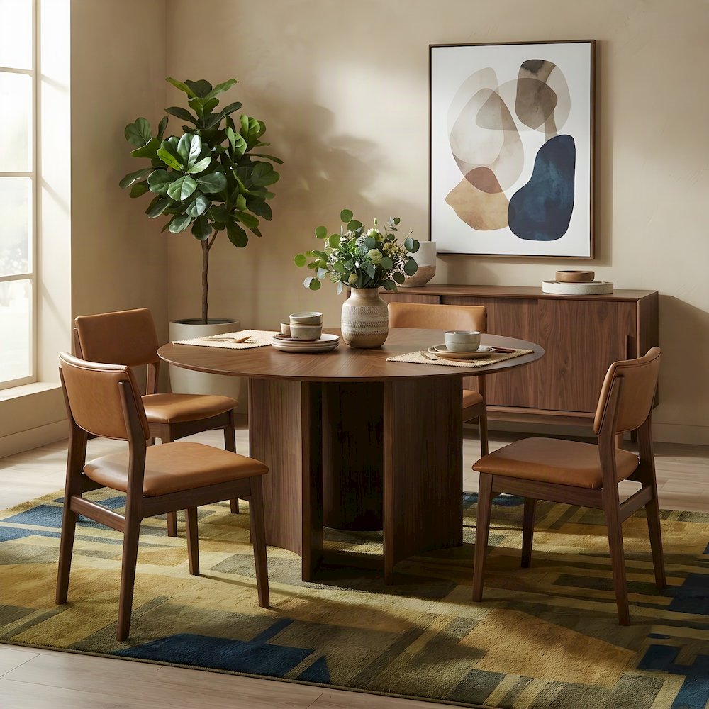 Round Wood Dining Table with Mid-Century Modern Legs, Kitchen Table, Walnut