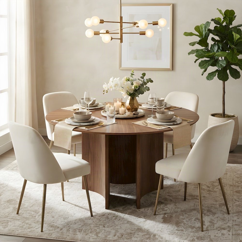 Round Wood Dining Table with Mid-Century Modern Legs, Kitchen Table, Walnut