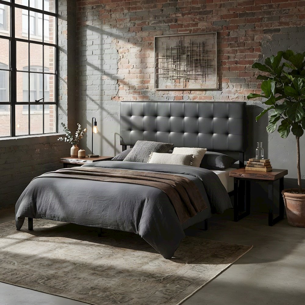 Vinyl Upholstered King Headboard Only with Faux Leather Texture, Black