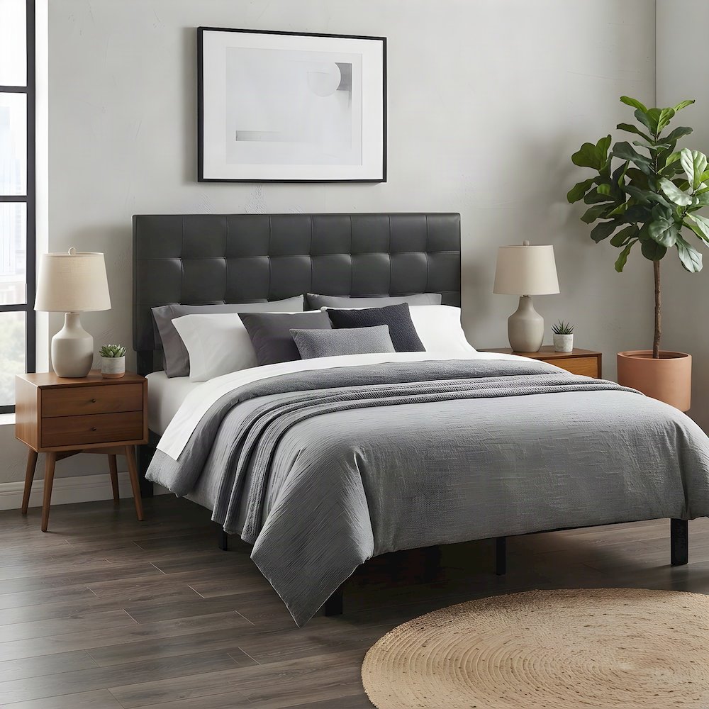 Vinyl Upholstered King Headboard Only with Faux Leather Texture, Black