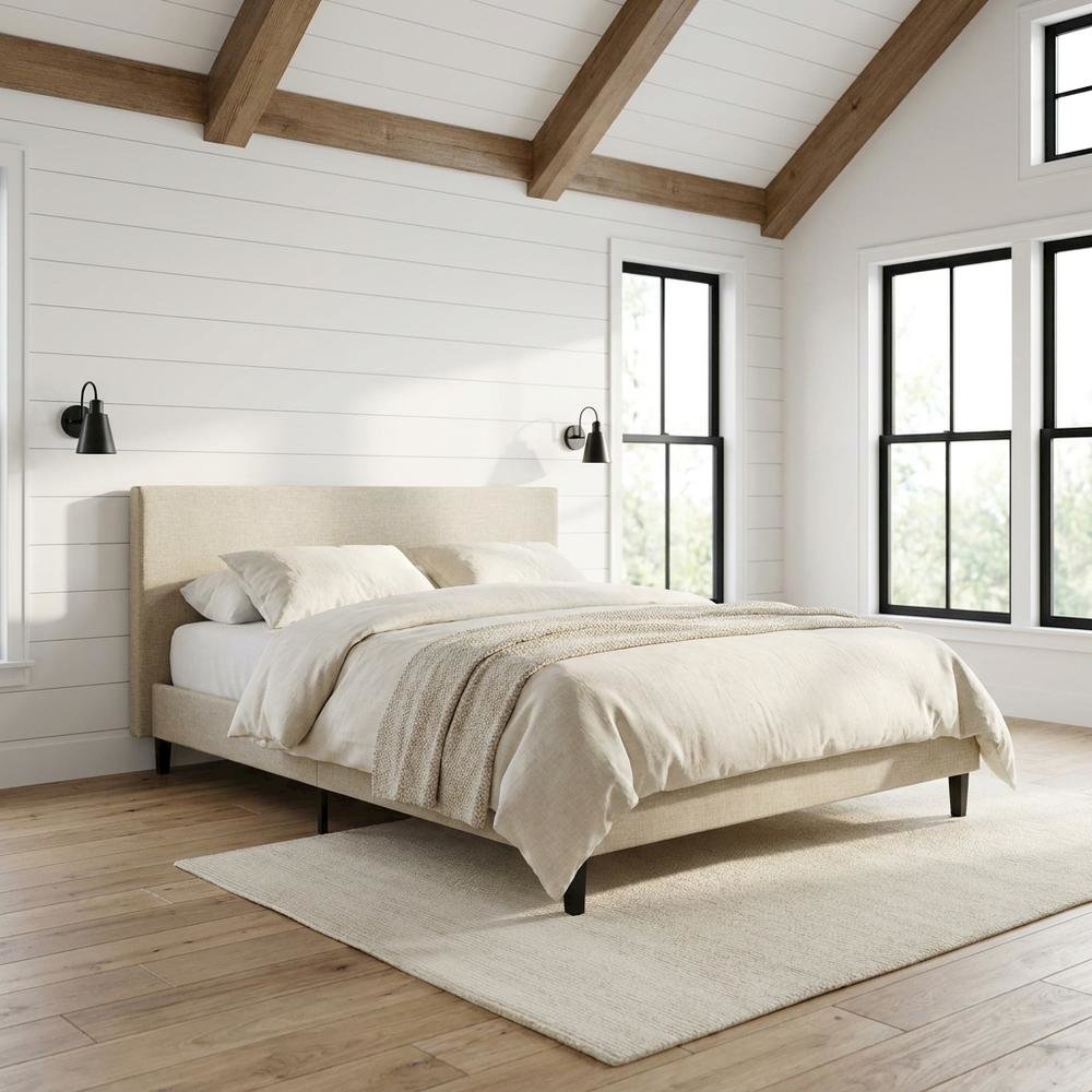 Fabric Upholstered Queen Platform Bed Frame with Headboard with Storage, Beige