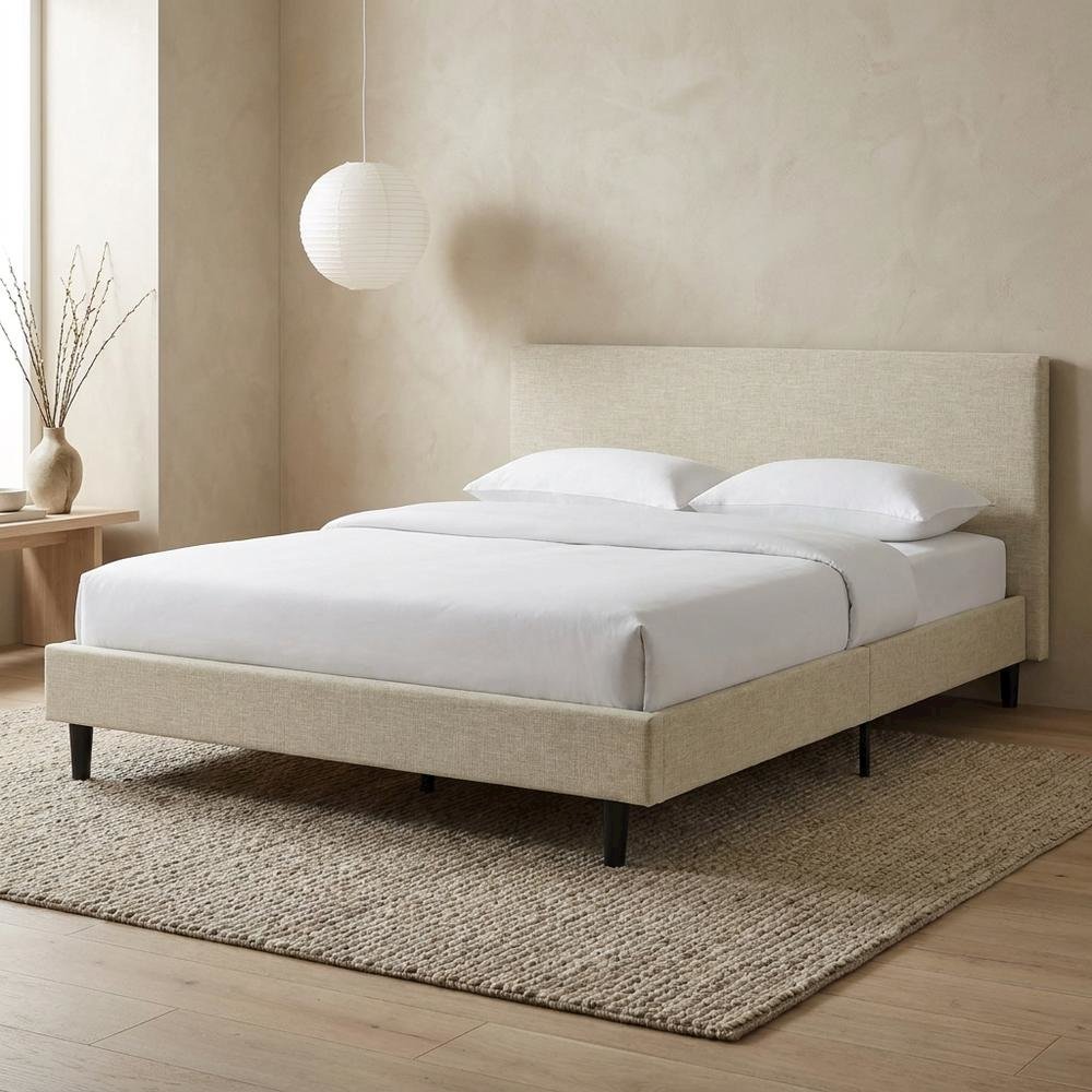 Fabric Upholstered Queen Platform Bed Frame with Headboard with Storage, Beige