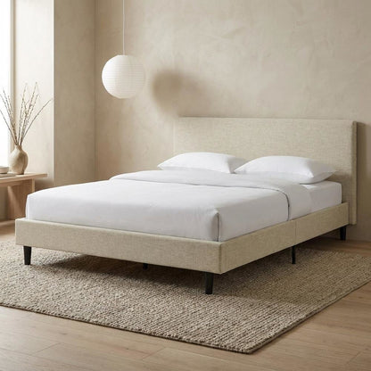 Fabric Upholstered Queen Platform Bed Frame with Headboard with Storage, Beige
