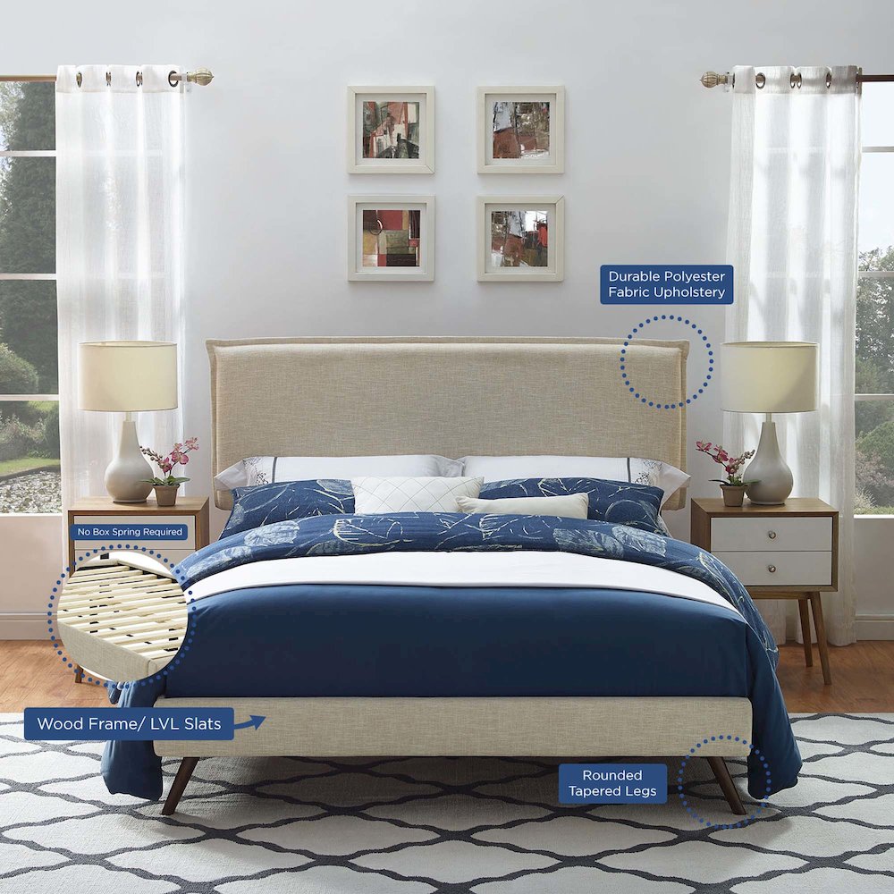Amaris Fabric Queen Platform Bed with Round Splayed Legs