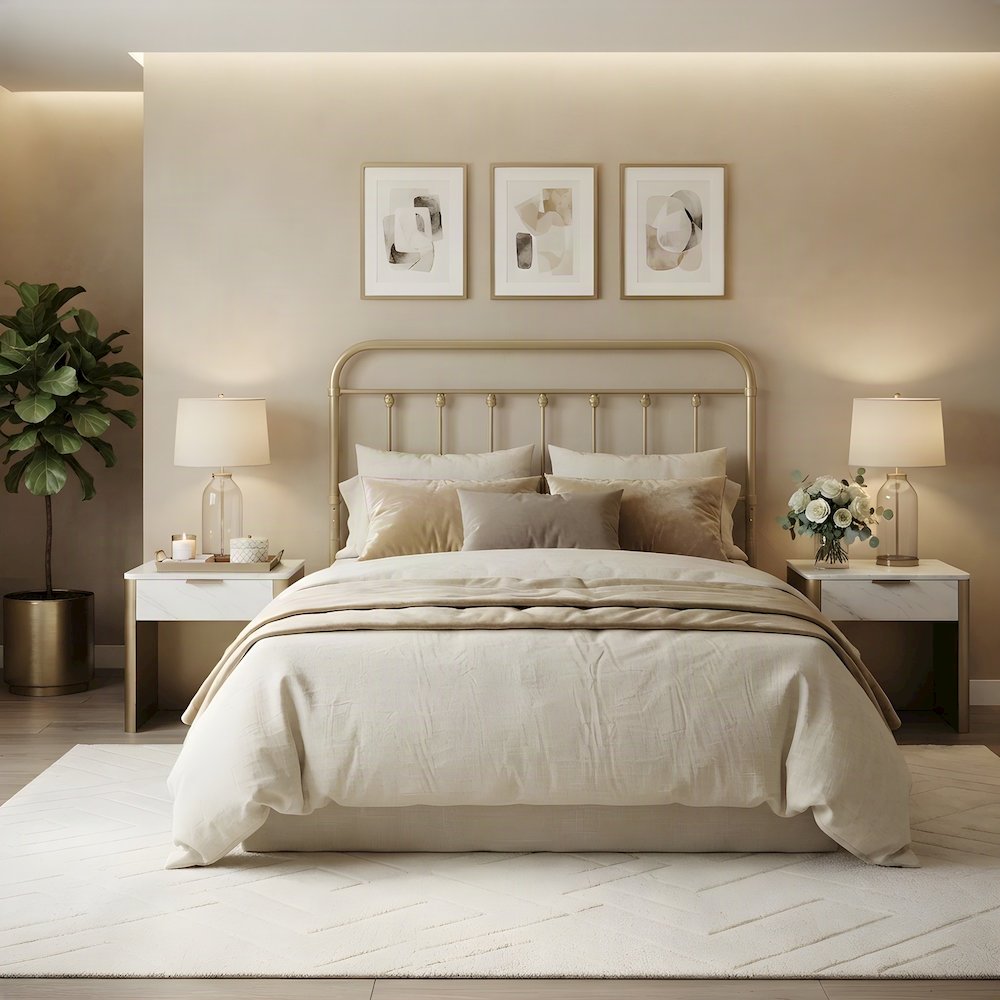 Metal Queen Headboard Only with Farmhouse Iron Open-Frame Design, Gold