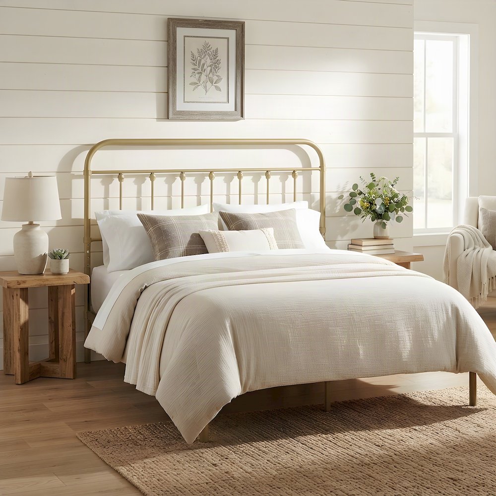 Metal Queen Headboard Only with Farmhouse Iron Open-Frame Design, Gold