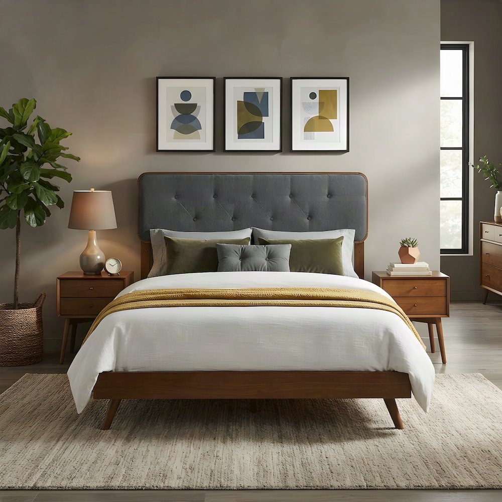 Button-Tufted Fabric Wood King Headboard, Mid-Century, Walnut Charcoal