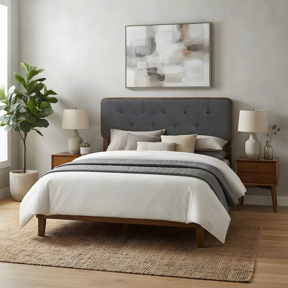 Button-Tufted Fabric Wood King Headboard, Mid-Century, Walnut Charcoal