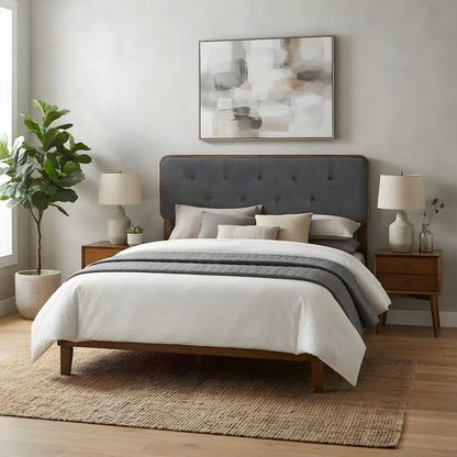 Button-Tufted Fabric Wood King Headboard, Mid-Century, Walnut Charcoal