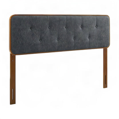 Button-Tufted Fabric Wood King Headboard, Mid-Century, Walnut Charcoal