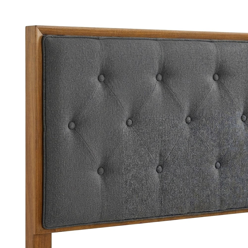Button-Tufted Fabric Wood King Headboard, Mid-Century, Walnut Charcoal