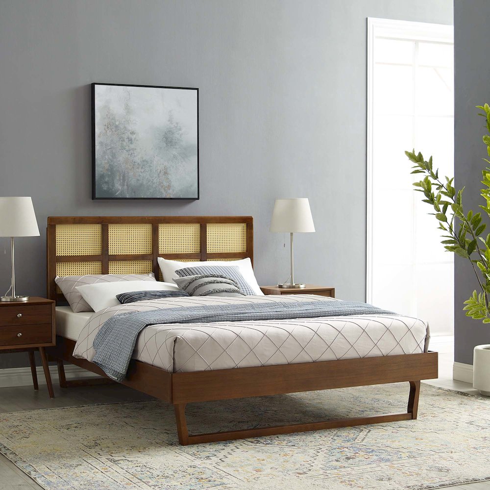 Sidney Cane and Wood Queen Platform Bed With Angular Legs