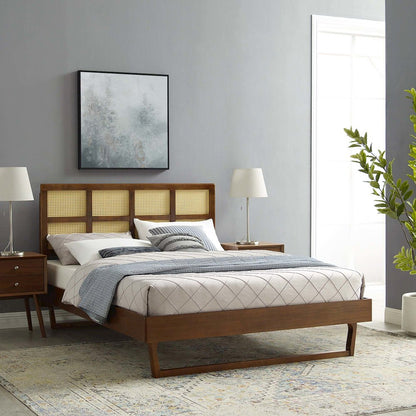 Sidney Cane and Wood Queen Platform Bed With Angular Legs