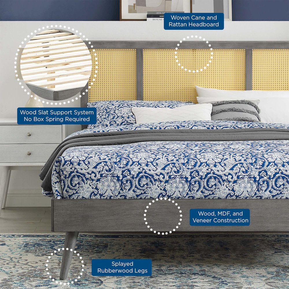 Kelsea Cane and Wood Full Platform Bed With Splayed Legs