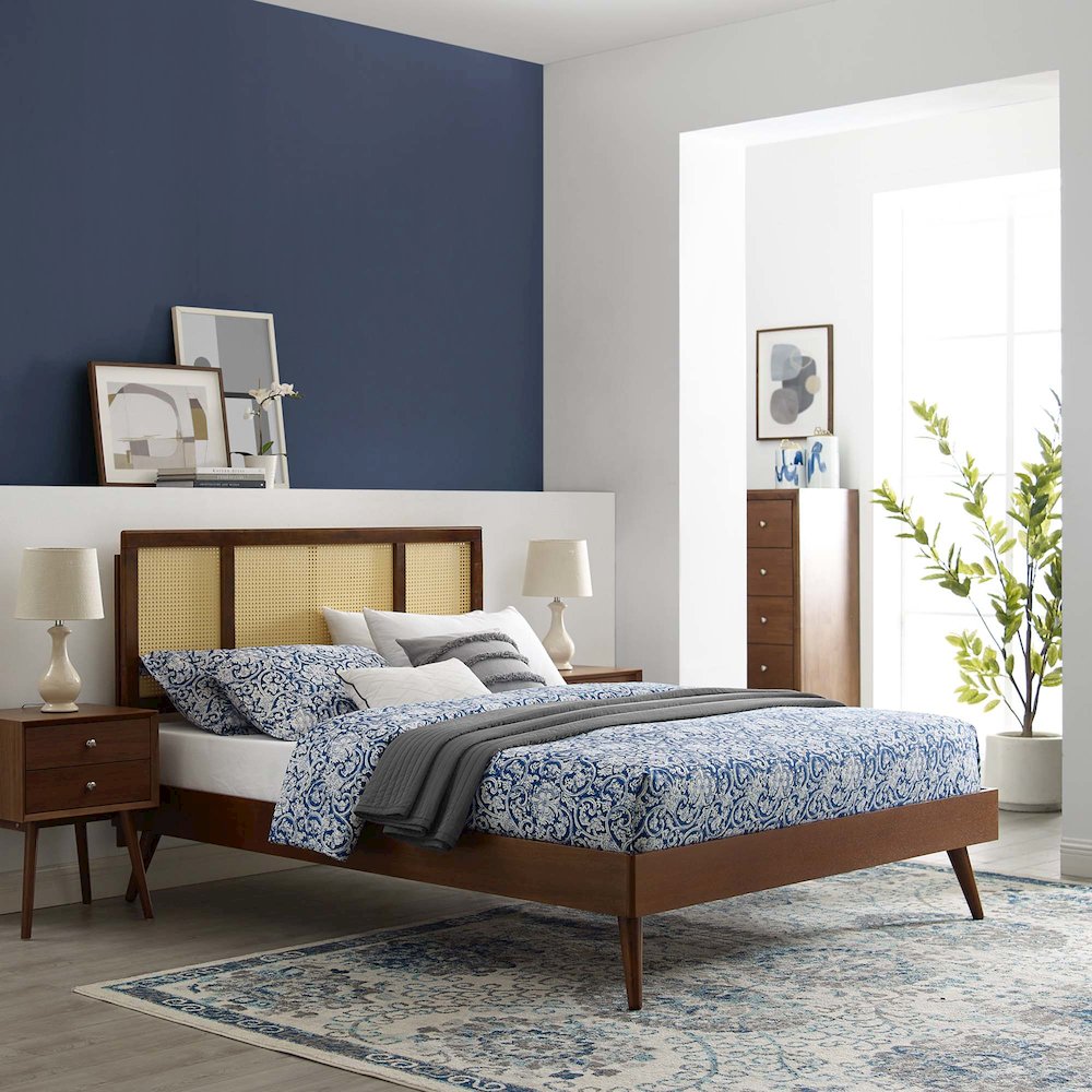 Kelsea Cane and Wood King Platform Bed With Splayed Legs