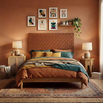 Woven Faux Leather Wall-Mount Upholstered Queen Headboard, Walnut Brown