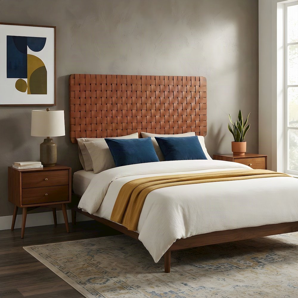 Woven Faux Leather Wall-Mount Upholstered Queen Headboard, Walnut Brown