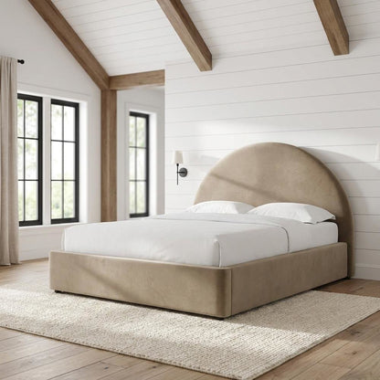 Performance Velvet Platform Bed with Arched Round Tall Headboard Frame, Taupe