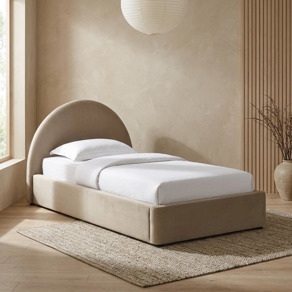 Performance Velvet Platform Bed with Arched Round Tall Headboard Frame, Taupe