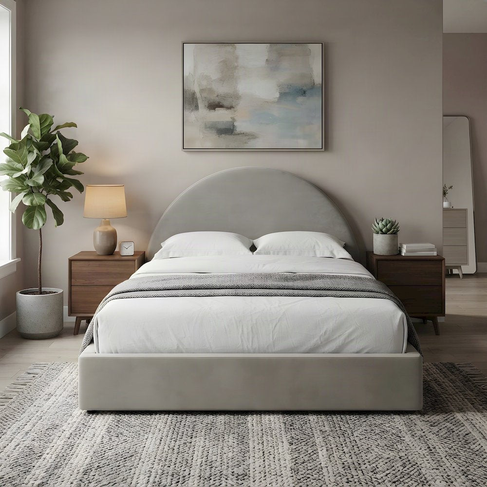 Performance Velvet Full Platform Bed Frame with Arched Round Headboard, Taupe