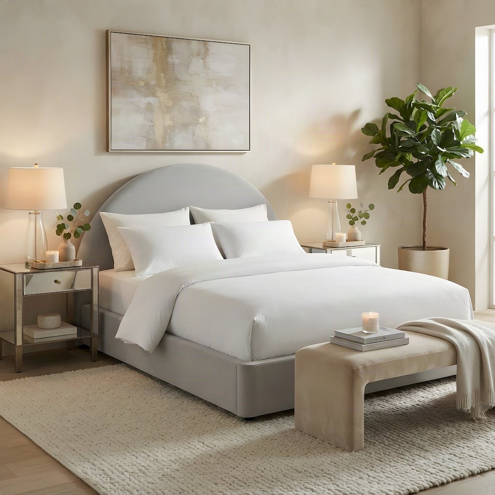 Performance Velvet Queen Platform Bed with Arched Round Headboard, Alabaster